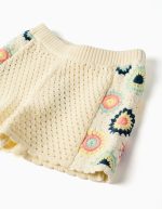 Short en maille de coton avec fleurs au crochet pour fille, beige clair – Image 3