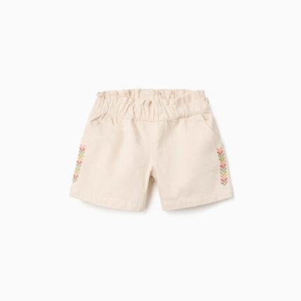Short en twill brodé à taille haute pour fille, beige clair