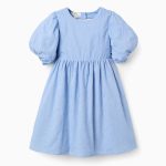 Robe en coton brodée à manches bouffantes pour fille, bleu clair