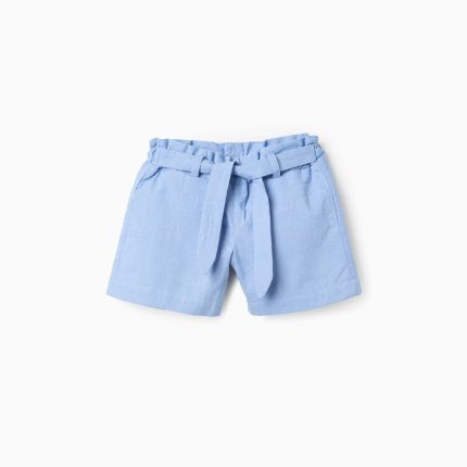 Short en coton brodé avec ceinture pour fille, bleu clair