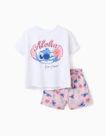T-shirt et short en coton avec imprimé Stitch pour fille, blanc/rose