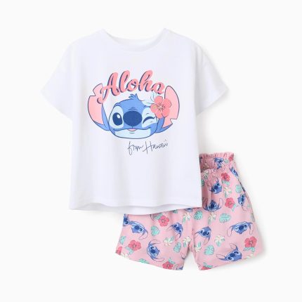 T-shirt et short en coton avec imprimé Stitch pour fille, blanc/rose