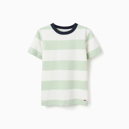 T-shirt en coton à rayures pour garçon, blanc/vert/bleu