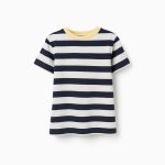 T-shirt en coton à rayures pour garçon, blanc/bleu foncé/jaune