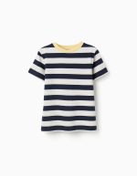 T-shirt en coton à rayures pour garçon, blanc/bleu foncé/jaune