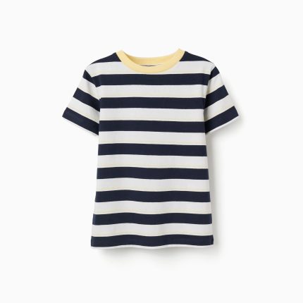 T-shirt en coton à rayures pour garçon, blanc/bleu foncé/jaune