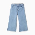Pantalon en denim à jambes larges et ourlets effilochés pour filles, bleu clair