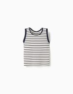 Débardeur sans manches en coton côtelé à rayures pour filles, blanc/bleu foncé