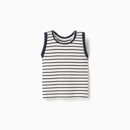 Débardeur sans manches en coton côtelé à rayures pour filles, blanc/bleu foncé