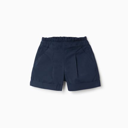 Short en popeline à taille haute plissée pour fille, bleu foncé
