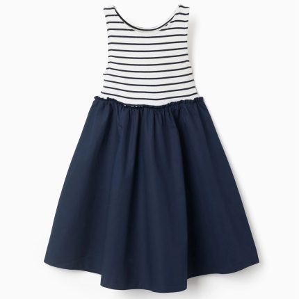 Robe sans manches à rayures en tissu double pour filles, bleu foncé/blanc