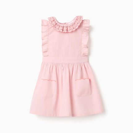 Robe en popeline rose à col et manches à volants pour bébé fille