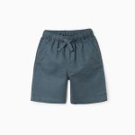 Short mi-long en lin et coton avec cordon de serrage pour garçon, bleu-gris