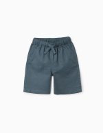 Short mi-long en lin et coton avec cordon de serrage pour garçon, bleu-gris