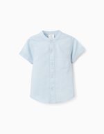Chemise à manches courtes en lin et coton avec poche pour bébé garçon, bleu clair