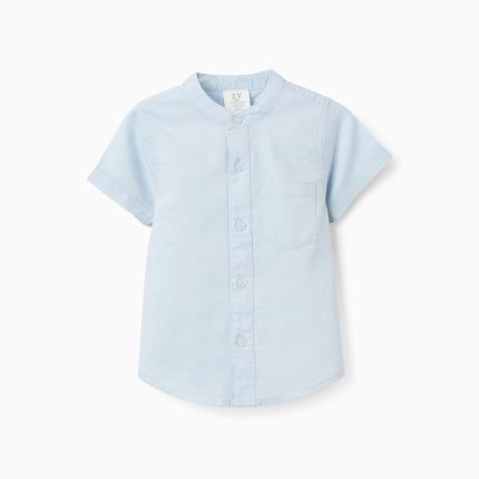 Chemise à manches courtes en lin et coton avec poche pour bébé garçon, bleu clair