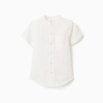 Chemise à manches courtes en lin et coton avec poche pour bébé garçon, blanche