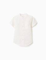 Chemise à manches courtes en lin et coton avec poche pour bébé garçon, blanche