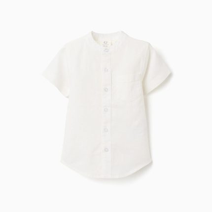 Chemise à manches courtes en lin et coton avec poche pour bébé garçon, blanche
