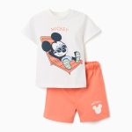 T-shirt et short en coton imprimé Mickey pour bébé garçon, blanc/orange