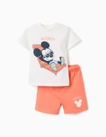 T-shirt et short en coton imprimé Mickey pour bébé garçon, blanc/orange