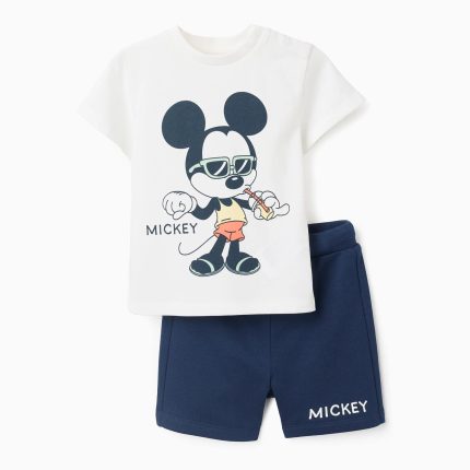 T-shirt et short en coton imprimé Mickey pour bébé garçon, blanc/bleu