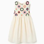 Robe bicolore à fleurs au crochet pour fille, beige clair, ornée de fleurs en crochet