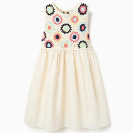Robe bicolore à fleurs au crochet pour fille, beige clair, ornée de fleurs en crochet
