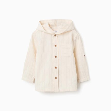 Chemise rayée à manches longues en lin avec capuche pour bébé garçon, beige clair