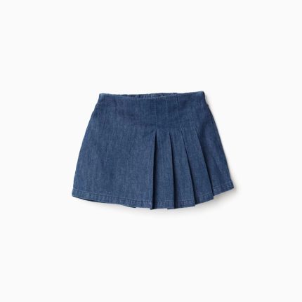 Jupe-short en jean à plis sur le devant pour filles, bleu foncé