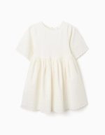 Robe en coton à manches courtes avec broderie anglaise pour fille, beige clair