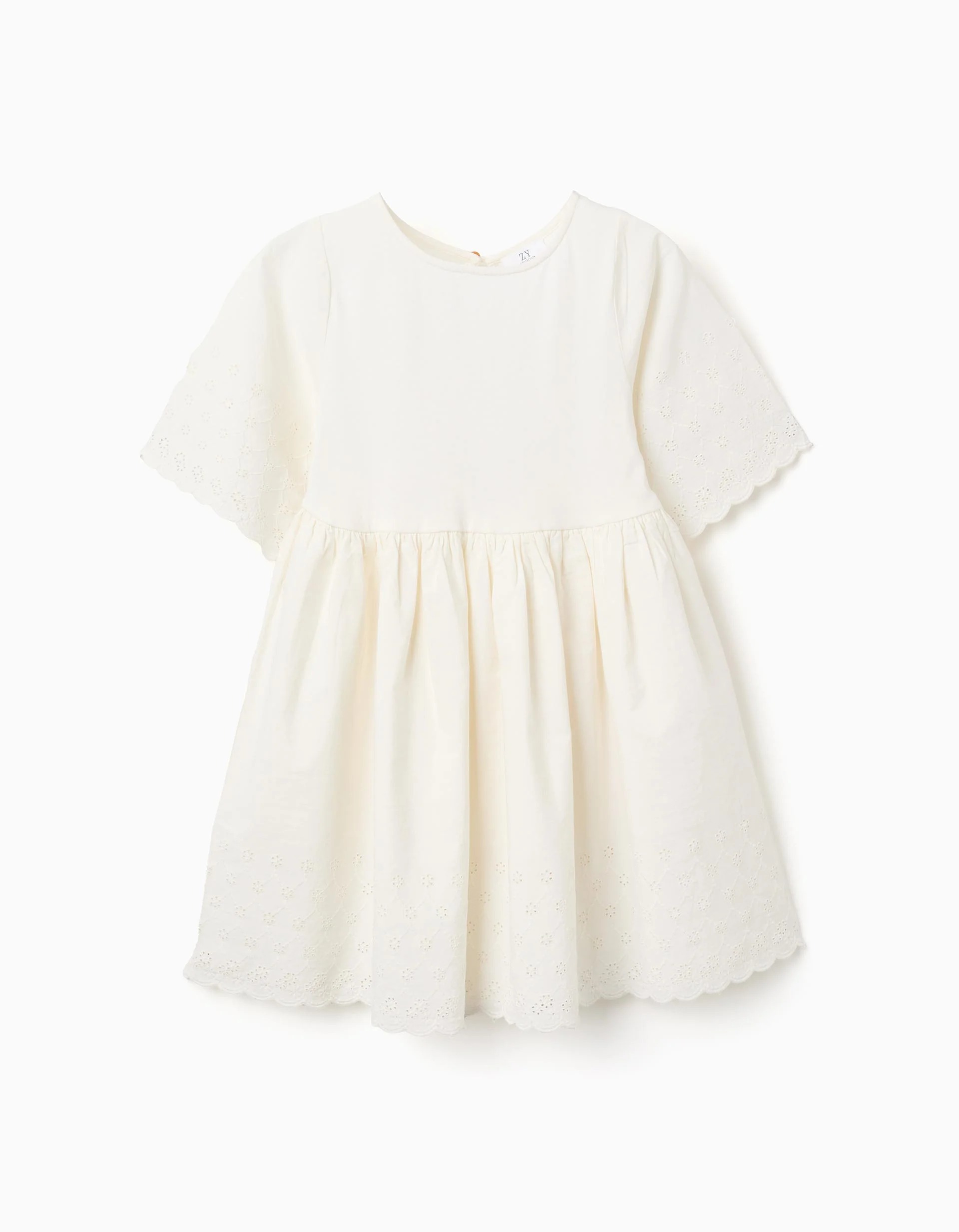 31078804021-0-1.jpg Robe en coton à manches courtes avec broderie anglaise pour fille, beige clair – Image 1