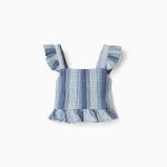 Débardeur en coton sans manches à rayures et volants pour filles, bleu