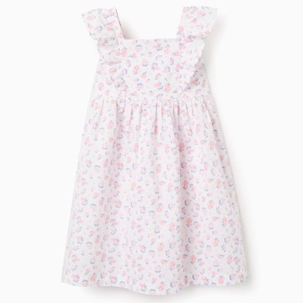Robe en popeline blanche à motifs floraux et volants pour fille