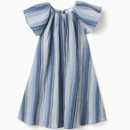 Robe évasée en coton à manches papillon pour fille, bleu