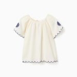 Blouse en coton et lin à fleurs pour filles, beige clair/bleu