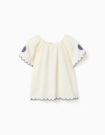 Blouse en coton et lin à fleurs pour filles, beige clair/bleu