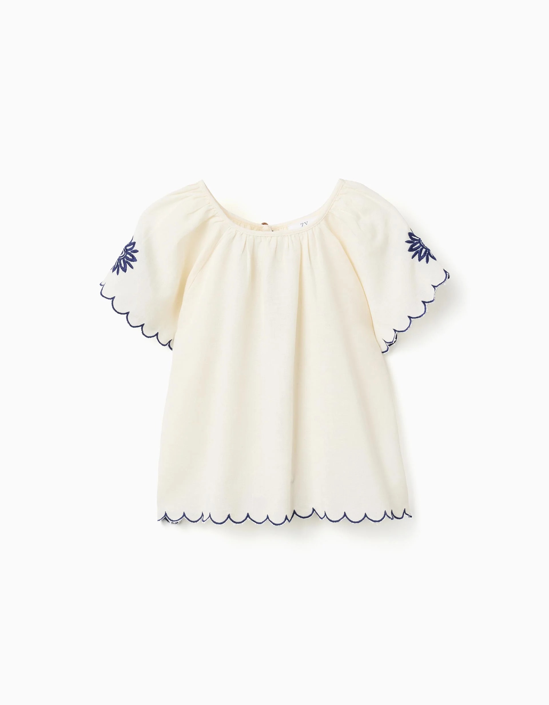 31078820021-2-1.jpg Blouse en coton et lin à fleurs pour filles, beige clair/bleu – Image 1