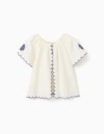 Blouse en coton et lin à fleurs pour filles, beige clair/bleu – Image 2