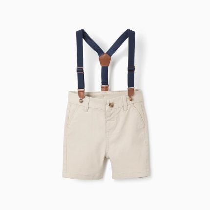 Short mi-long en sergé avec bretelles amovibles pour bébé garçon, beige clair