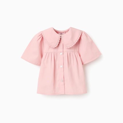 Chemise en popeline à manches courtes et col maxi pour bébé fille, rose
