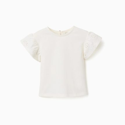 T-shirt en coton à manches brodées anglaises pour bébé fille, blanc