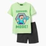 Pyjama en coton à manches courtes avec imprimé Minecraft pour garçon, vert/gris
