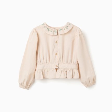 Blouse en popeline à volants et manches bouffantes B&S pour filles, beige