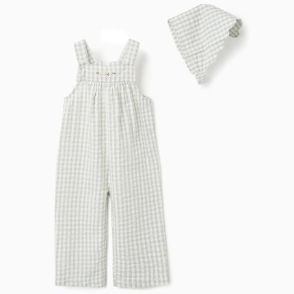 Combinaison en coton et bonnet à motif vichy B&S pour bébé fille, blanc/vert