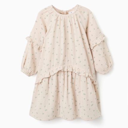 Robe bambula en coton à motif floral B&S pour filles, beige/vert