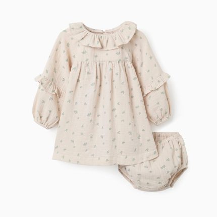 Robe en coton fleuri + bloomer B&S pour bébé fille, beige/vert