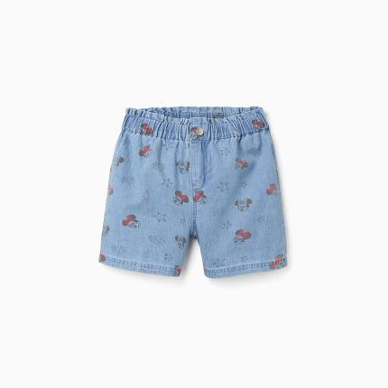 Short en jean bleu clair avec motif Minnie et taille élastiquée pour fille