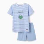 Pyjama en coton pour garçon, imprimé crocodile phosphorescent, blanc/bleu