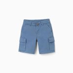 Short mi-long en sergé avec poches cargo pour garçon, bleu